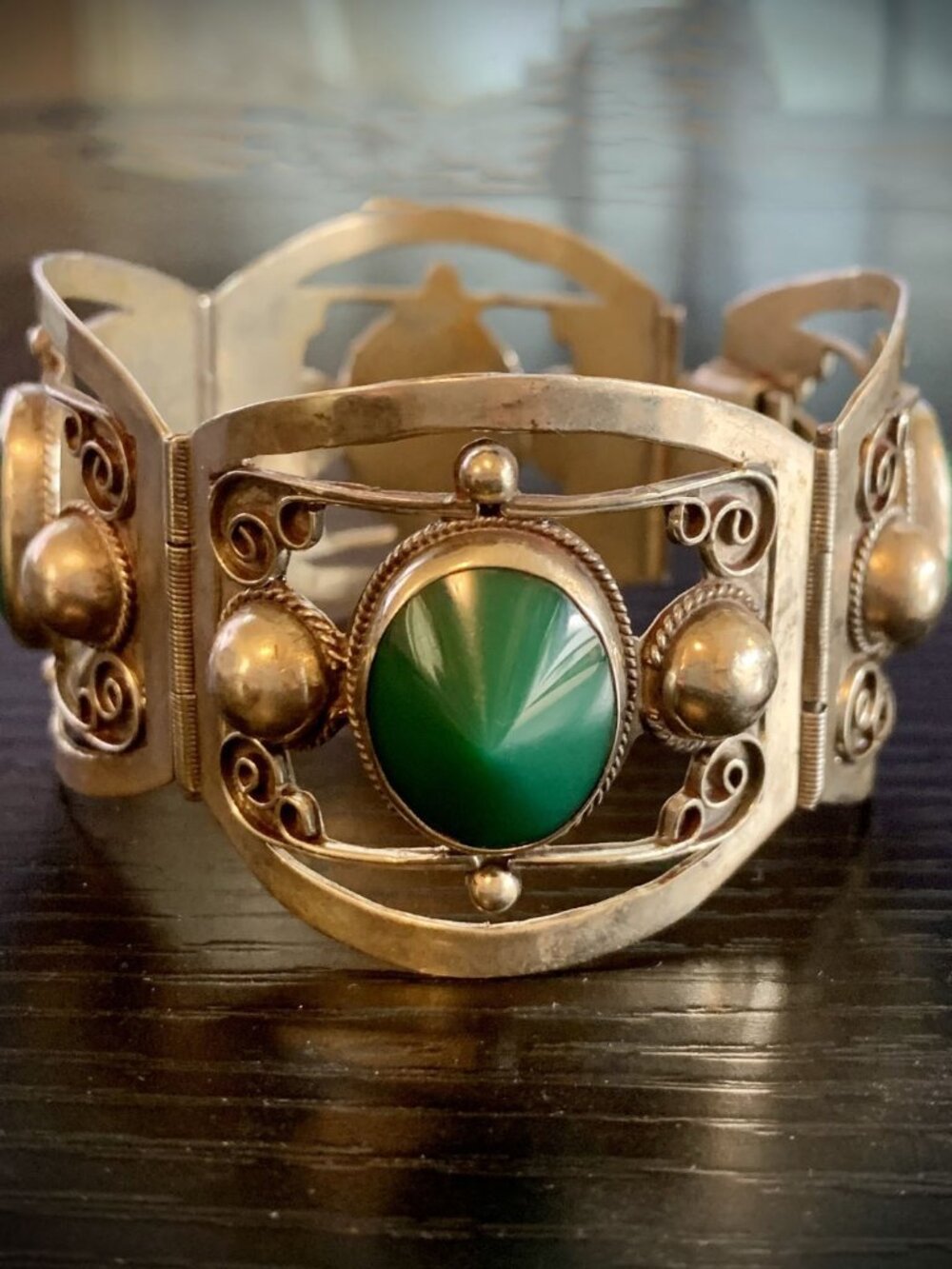 Vintage Taxco 925 Sterling Panel Bracelet 36g Conical Cabochons Domed Balls